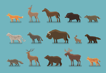 Animals icons. Wild boar, bear, fox, deer, horse, badger, leopard, wolf, musk ox, hare, raccoon, , elk, lynx, wolverine