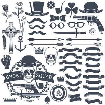 Set of elements for design retro emblem, logos. Emblem with a skull wearing a hat with a pistol and a dagger. Gangster tattoo.