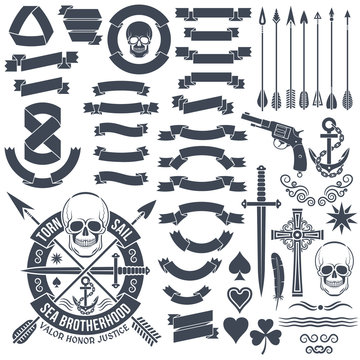 Set of vintage elements to create logos. Pirate skull emblem. Heraldic ribbon banners. Cross, dagger, skull, star, pistol, clover, anchor, arrows.