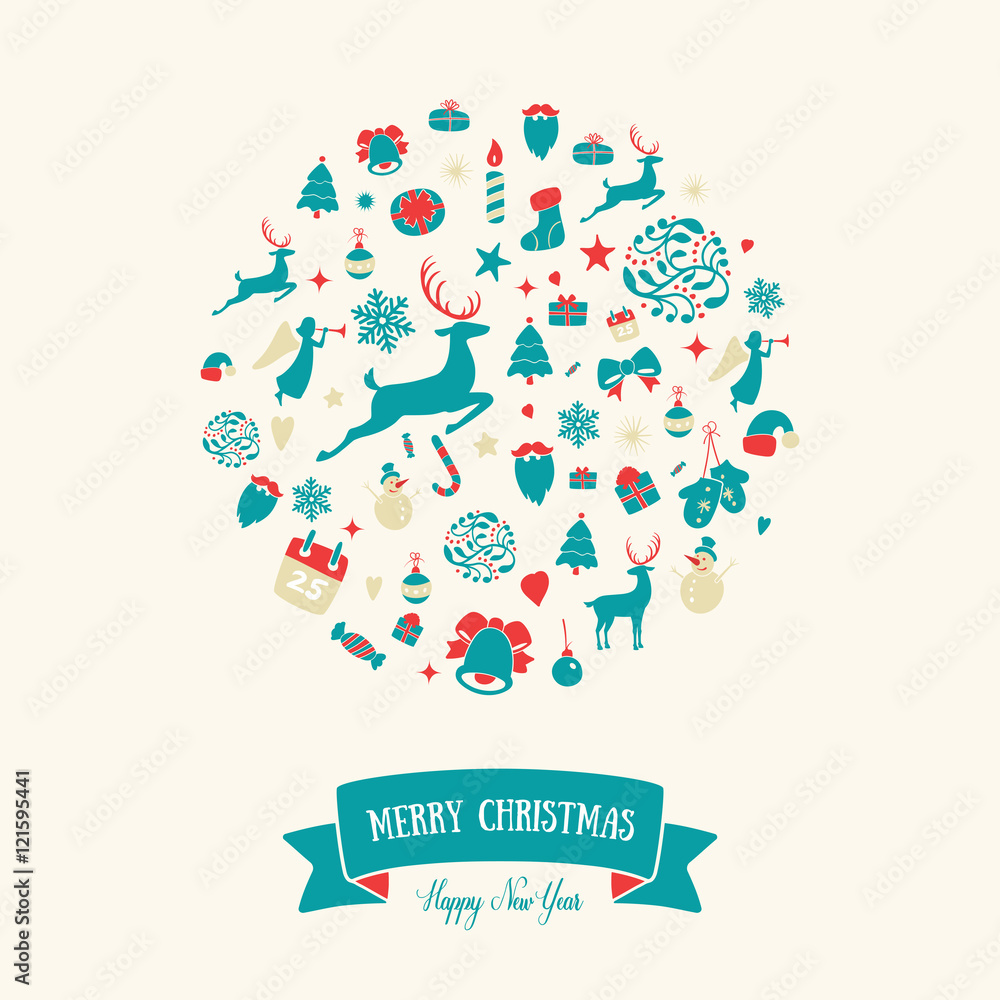 Wall mural christmas round ornaments design. merry card decoratio