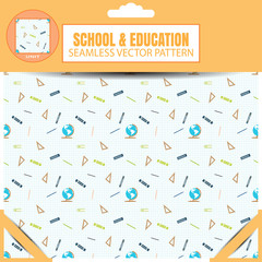 Vector package of seamless pattern of items for school and education on the checkered background.