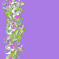 Obraz na płótnie Canvas Violet background with abstract oriental tracery. Paisley pattern. Colored eastern border on green field. Can be used as greeting card, packing paper etc.