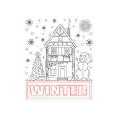 Fototapeta premium Detailed winter house on snowy background. Vector illustration