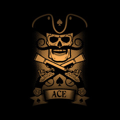 Pirate emblem skull with a pistol on a black background. Logo ace of spades.