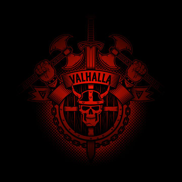 Viking Valhalla emblem appearing out of the darkness. Perfect on your black t-shirt!