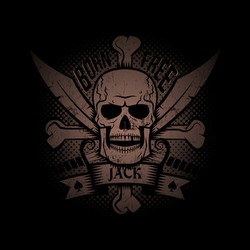 Jolly Roger with crossed sabers and ribbon on a black background.