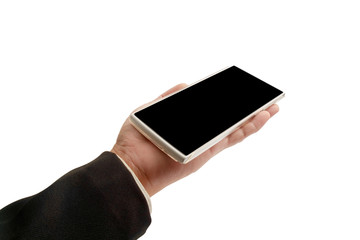 Smartphone / View of hand of business man holding smartphone on white background.