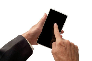 Smartphone / View of hand of business man holding smartphone on white background.