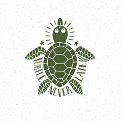 Turtle lettering print in retro style with stamp effect. Textures and background on separate layers.
