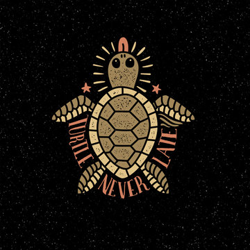 Colored sea turtle shows tongue on a dark background in retro style. Textures and background on separate layers.