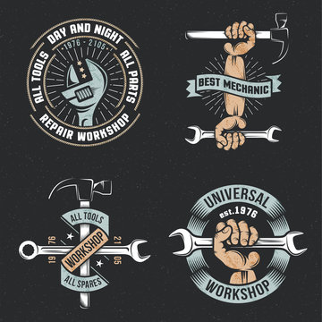 Logo, emblem repair workshop with hands and tools in a vintage, retro style on a black background. Textures and background on separate layers.