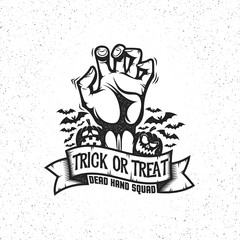 Gnarled dead man's hand sticking up. Halloween logo in vintage retro style. Layered vector illustration.