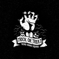 Halloween dead man's hand and pumpkin - black and white mascot, symbol, poster retro. Vector illustration layered.