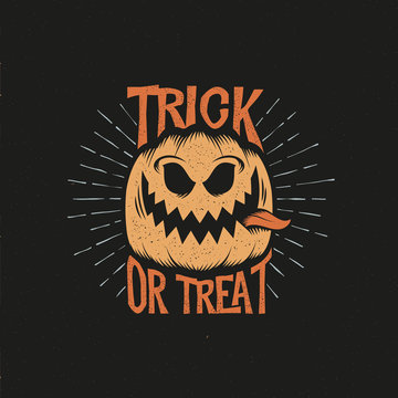 Trick or treat retro lettering. Halloween pumpkin with his tongue hanging out and sunburst. Layered vector illustration.