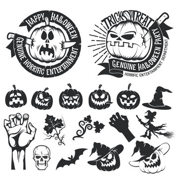 Halloween set of elements and logos, emblems with the pumpkins. Vector Black and white illustration.