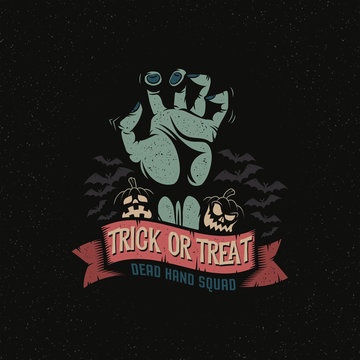 Dead Man's Hand with a Halloween pumpkin, ribbon and bats. Trick or treat logo October 31. Vector illustration. A layered.