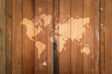 Wood texture surface with world map