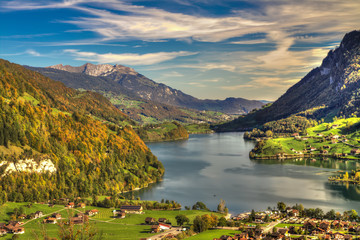 Lake Lungern Valley from Brünig Pass in beautiful autumn weather, Central Switzerland