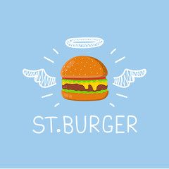 Burger concept "St. Burger" with angel halo and wings. Flat and doodle vector isolated illustration