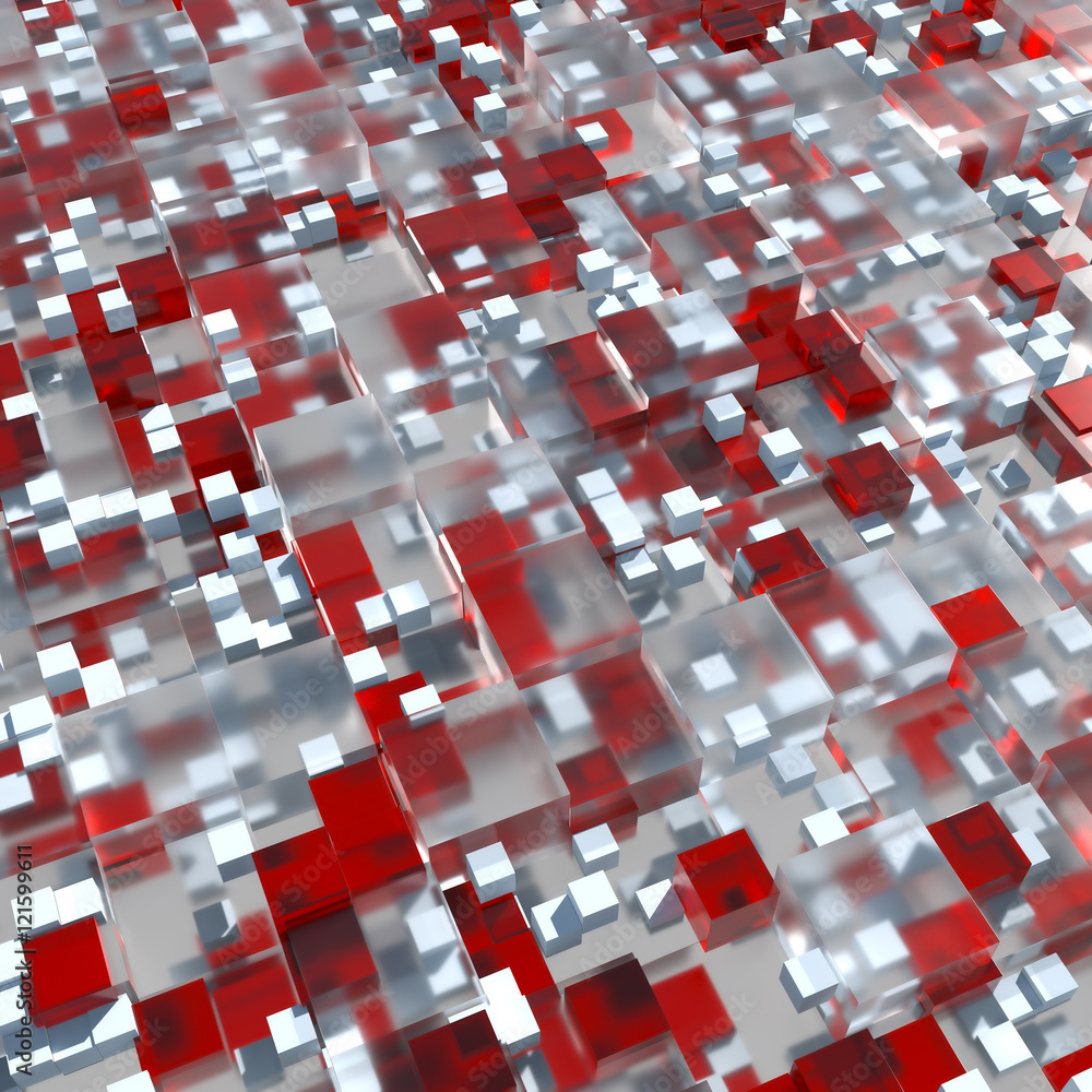 Poster abstract geometry background. 3d rendered cubes with different size. 3d glass cubes with shadows, re