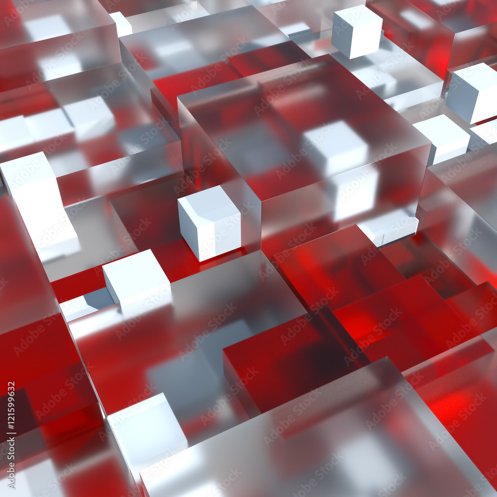 Poster abstract geometry background. 3d rendered cubes with different size. 3d glass cubes with shadows, re
