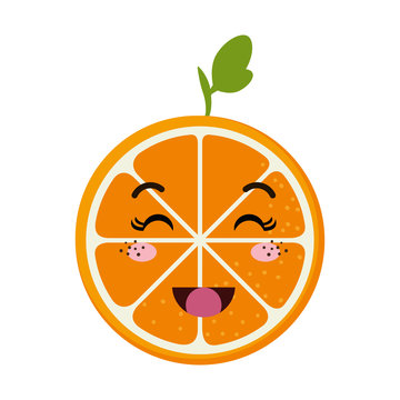 Orange Fruit Food. Kawaii Cartoon With Happy Expression Face. Vector Illustration