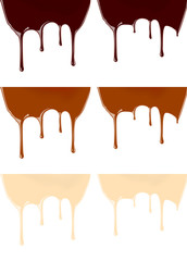 Set of melted dark or milk chocolate syrup leaking on white background vector realistic illustration for your design