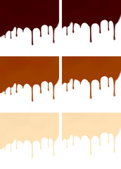 Set of melted dark or milk chocolate syrup leaking on white background vector realistic illustration for your design