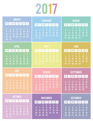 Calendar for 2017. Week Starts Monday. Multicolor vector templat
