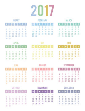 Calendar for 2017. Week Starts Monday. Multicolor vector templat