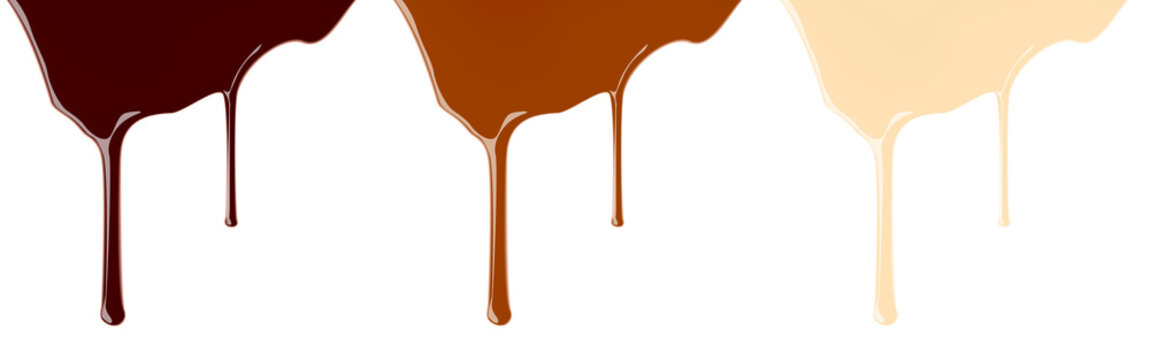 Set of melted dark or milk chocolate syrup leaking on white background vector realistic illustration for your design