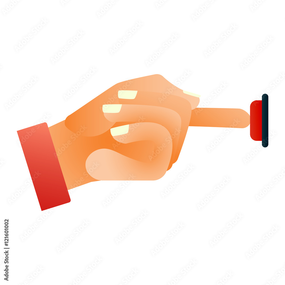 Poster hand press button finger press icon on white background. finger control start up hands push button p