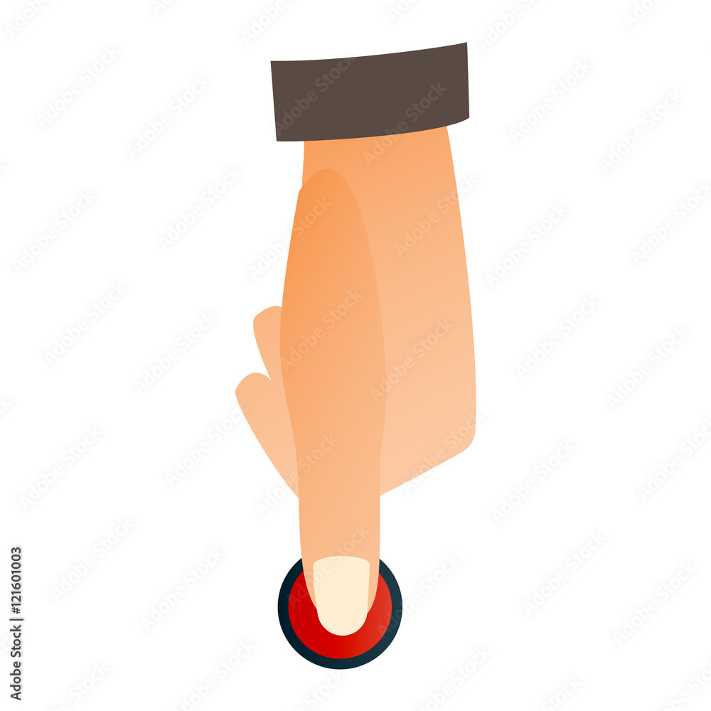 Poster hand press button finger press icon on white background. finger control start up hands push button p