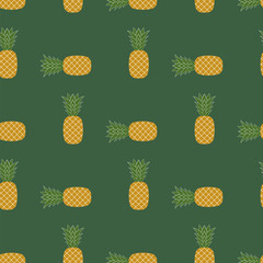 Fresh Ripe Pineapple Seamless Pattern on Green. Tropical Fruit Background.