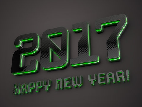 2017 happy new year - black glossy extruded text with green lights 3D render