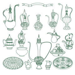 Vector set of arabic crockery. Oriental pottery dishes illustration.