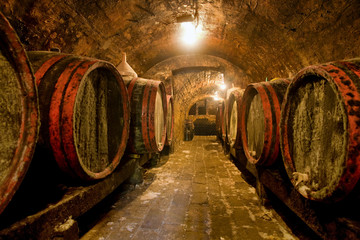 Traditional cellar with bottles and wooden wine barrels