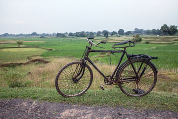 Fototapeta na wymiar Old bike in front of rice paddies in an indigenous village in Jharkand, India