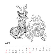 Hand drawn doodle outline easter eggs in basket with chiken and fox decorated with ornaments.Vector zen art illustration.Floral ornament.Sketch for adult coloring .Boho style.April calendar page 2017.