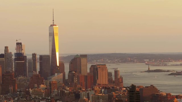 Freedom Tower and Statue Of Liberty Time lapse Sundown 4k