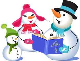 Family of snowmen singing Christmas carols