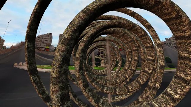 Statue rocket Square and circles twisted tree around it