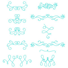 Set of blue abstract curly headers, design element set isolated on white background. Hand drawn turquoise swirls. Floral round frame, wreath, dividers, calligraphic shapes. Vector illustration.