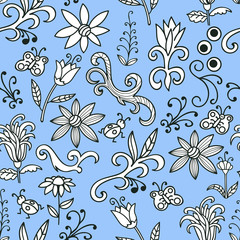 Fototapeta na wymiar Blue floral pattern with flowers, swirls, insects, butterfly. Seamless botanic texture, detailed hand drawn. Natural in doodle style, summer background. Vector.