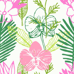 Tropical seamless pattern with frangipani, palm leaves, orchid flower. Vector illustration.
