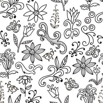 Black and white floral pattern with flowers, swirls, insects, butterfly. Seamless botanic texture, detailed hand drawn. Floral in doodle style, background. Vector.