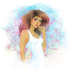 Pretty smiling blonde girl touching her face