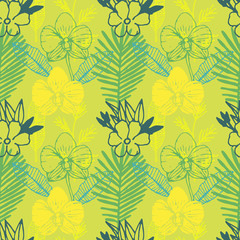Tropical seamless pattern with frangipani, palm leaves, orchid flower. Floral colorful background. Vector illustration.