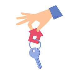 Human hand is giving a key with a keychain.