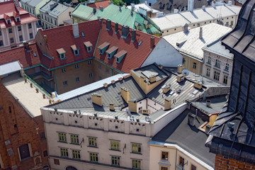 Aerial view of the roofs of houses in the historic part of Krakow. Poland